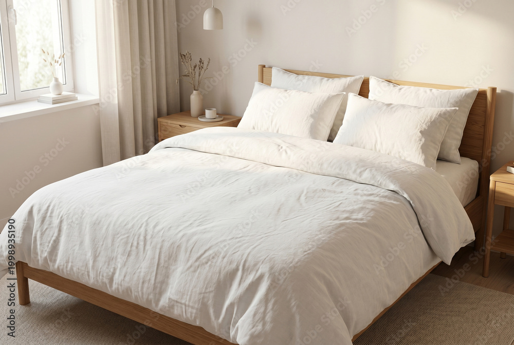Obraz premium Cozy Minimal Bedroom Interior with Natural Light and Neutral Bedding