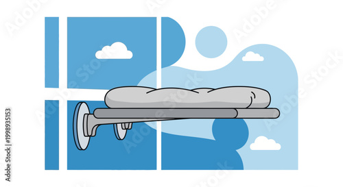 Cozy Pillow on a Shelf by the Window with Clouds and Blue Sky