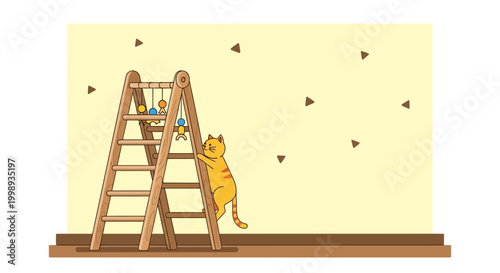Curious Cat Climbing Ladder with Toys on Yellow Wall Background