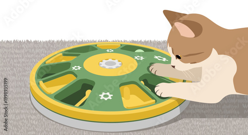 Curious Cat Playing with Interactive Food Puzzle Toy on Carpet