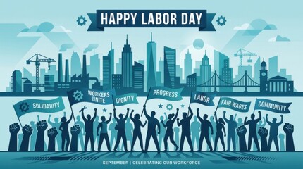 International Labor Day Graphic with Diverse Workers and Cityscape