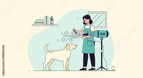 Dog grooming, happy pet owner blow-drying a golden retriever with a professional dryer