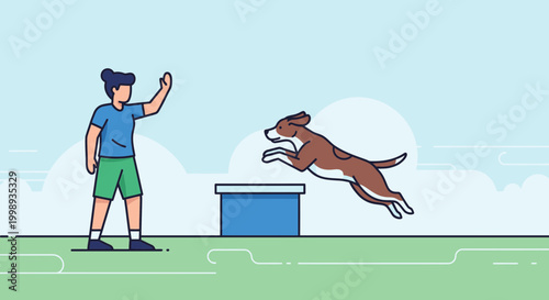 Dog jumping over obstacle during training with person, agility, obedience, outdoor