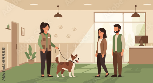 Dog owner consults with vet or trainer at animal clinic, happy pet