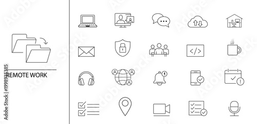 Remote Work Line Icons Set, Work From Home Outline Vector Collection, Freelancer Laptop Online Meeting Communication Cloud Office Productivity Business Editable Stroke Icons.