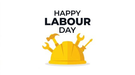 Happy Labour Day Icon with Golden Hard Hat and Tools
