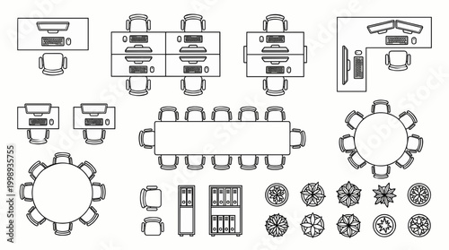 Office Workspace Top View Vector Set, Desk Layout Furniture Plan, Meeting Table Conference Room Floor Plan Isolated Transparent