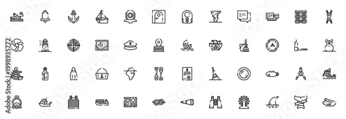 Sailor icon set. Nautical vector icons pack. Includes Morse code, anchor, ship, compass, lighthouse, radar, map, sailor hat, life vest, binoculars and more. Editable stroke.