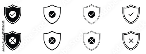 Shield Icon Set with Check and Cross Marks - Vector Protection Symbols for Security Verification, Privacy Safety, Guaranteed Access, and Data Defense in Outline. Vector  illustration