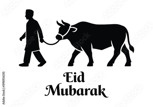 Eid al-Adha silhouette of man leading cow on white background, Islamic holiday