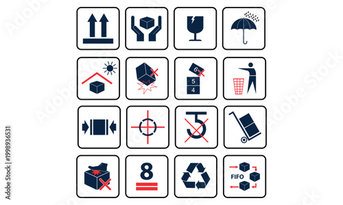 Schilderij op canvas Comprehensive Set of Logistics Packaging Icons for Shipping Handling Safety and