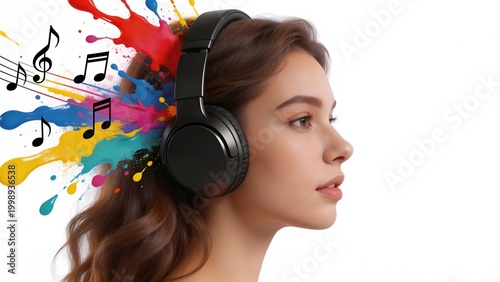 Woman with headphones and colorful music notes