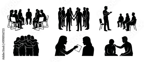Support Group People Silhouette Set - Mental Health Therapy Meeting and Counseling Icons. Collection of human figures interacting, community unity, group discussion, rehabilitation, and social bonding