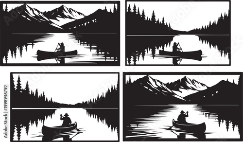 Canoe Silhouette Vector Set, Black and White Lake Scenes, Mountain Reflections, Outdoor Adventure Icons
