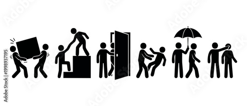 Human Interaction Icons Set, Social Actions and Behavior Pictograms, Teamwork and Conflict Situations, Black Silhouettes on White Background for Business Communication, Problem Solving and Empathy Con