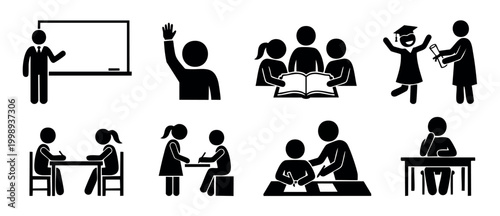 Education Icons Set: Teacher, Students, Classroom Learning and Graduation Activities. Vector black silhouette pictograms representing study, tutoring, examination, raising hand and academic success co