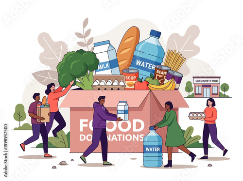 Diverse Volunteers Participating in a Community Food Donation Drive Illustration