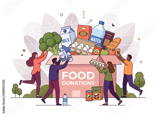 Community Food Drive and Charity Concept Illustration with People Donating Groceries and Essential Supplies