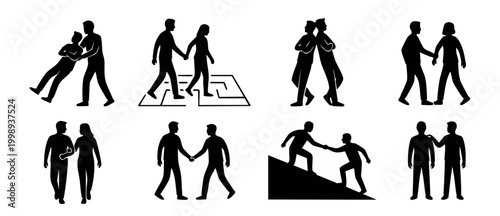 People Relationship Icons Set - Human Interaction, Teamwork, Social Connection, and Interpersonal Communication Silhouette Collection for Business and Psychological Concepts, Minimalist Vector Illustr