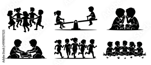Children playing silhouette icons set, kids activities in park, boys and girls group activities, childhood friendship concepts, vector illustration collection of happy toddlers interacting on playgrou
