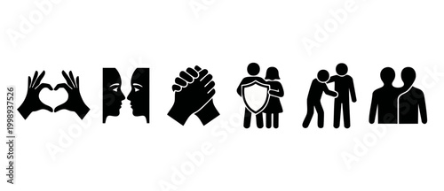 Human Relationship Icons Set, Empathy and Social Connection Symbols. Love, Trust, Care, Friendship, Protection, and Support Graphic Illustrations isolated on white background for web and mobile design