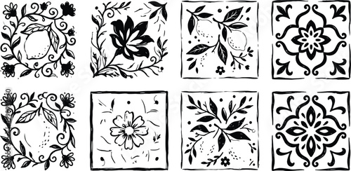 Set of monochrome mediterranean style tile ornaments with floral and citrus motifs.