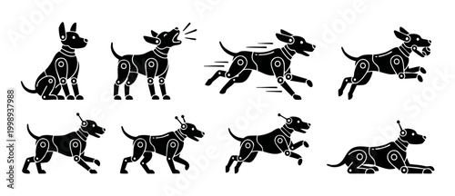 Robot Dog Icon Set, Mechanical Cybernetic Puppy Characters in Various Poses and Actions, Black Vector Silhouettes on White Background for Technology, Artificial Intelligence and Modern Digital Design