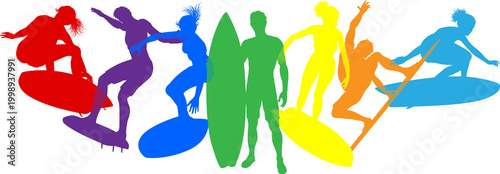 Surfer surfboard boarding male and female surfers surfing colorful silhouette outlines. Men and women surf group design concept.
