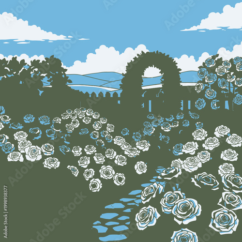 Garden illustration with roses pathway and arched trellis under blue sky
