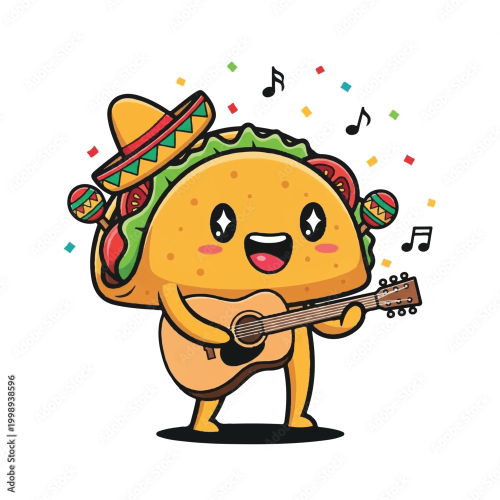 Obraz premium Taco character playing guitar and sombrero.