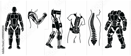 Exoskeleton Suit Robotic Wearable Technology Set: Industrial Ergonomic Support Frames, Medical Rehabilitation Orthotics, Heavy Lifting Gear, and Spinal Protection Systems for Human Augmentation and Sa