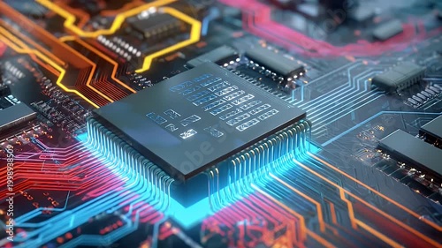 Abstract close up animation of a computer processor on a circuit board with electrons flowing, showing an advanced digital technology with complex electronic pathways.