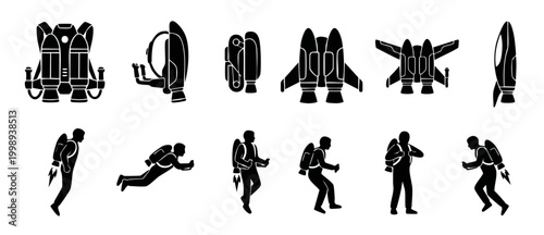 Jetpack icon set silhouette collection, future technology flight equipment and astronaut flying action poses, vector illustration isolated on white background for sci-fi design and innovation concepts