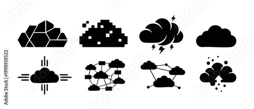 Cloud Icons Set Vector Design, Computing Technology Symbols, Modern Graphic Elements for Digital Data, Web Network Storage, Weather Signs, Black Flat Shapes Isolated on White Background for User Inter