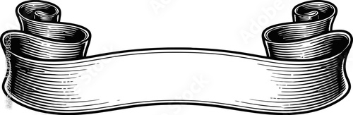 A vintage ribbon banner scroll with an empty space for text. This ornate decorative element is suitable for historical documents, awards, or emblems. Retro, engraved style illustration.
