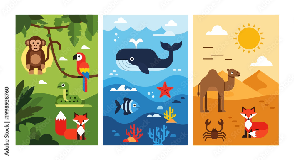 Fototapeta premium Colorful animal habitats around the world
