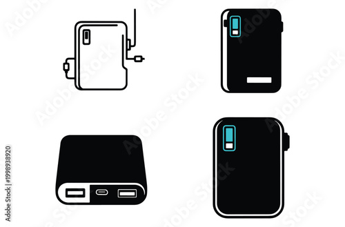 Power bank battery charger icons displaying portable energy storage devices with usb ports and charging indicators for mobile technology accessories and electronic equipment power.