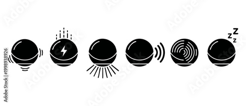 Smart Speaker Icon Set Showing Voice Assistant Features and Status Modes for Home Automation Interface Design, Representing Wireless Connectivity, Notification Alerts, Sound Processing, and Sleep Mode
