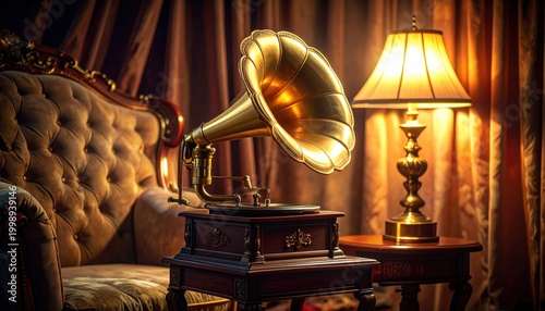 An Antique Polished Brass Gramophone With Intricate Woodwork In A Warmly Lit Vintage Room