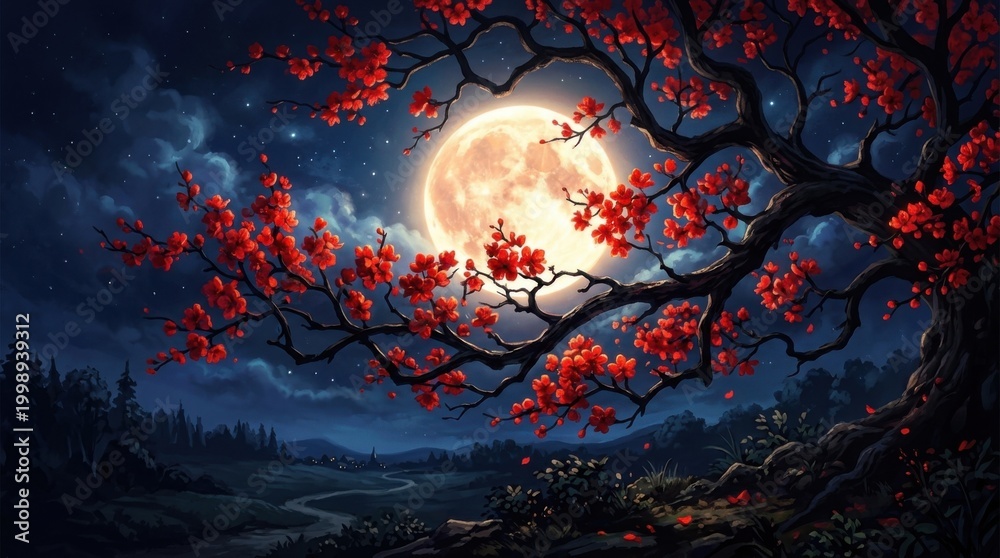 Fototapeta premium Beautiful Night Scene with Full Moon Behind Flowering Tree