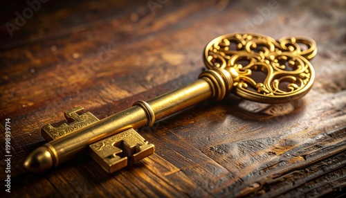 An ornate golden antique key rests on a textured wooden surface, symbolizing mystery and access to hidden treasures.