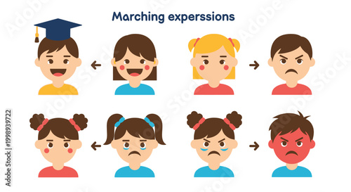 Cartoon faces with changing emotions expressions.