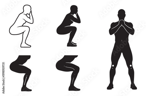Set of human squat exercise icons depicting fitness gym workout routines and body weight training poses for athletic health lifestyle and sport performance improvement graphics