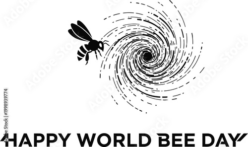 A black silhouette of a bee flying towards a swirling, abstract vortex pattern with the text 'Happy World Bee Day' below.