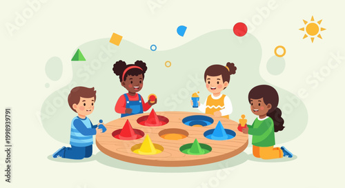 Diverse children playing with colorful shapes.