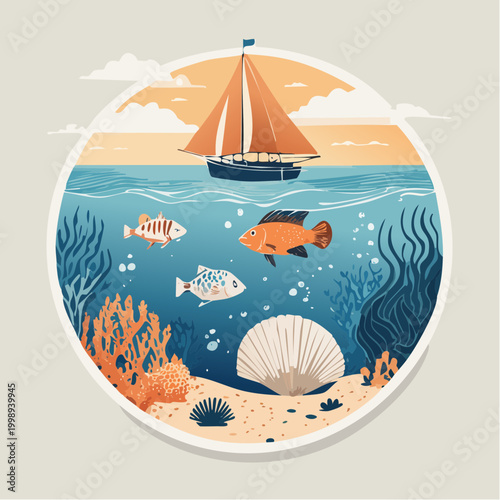 Sailboat on the water above an underwater coral reef with fish, marine life
