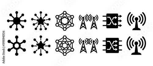 Network Topology Icons Set, Communication Nodes and Connectivity Diagrams, Digital Infrastructure Symbols for Wireless Signal, Data Transfer, Information Hubs, and Telecommunication System Technology