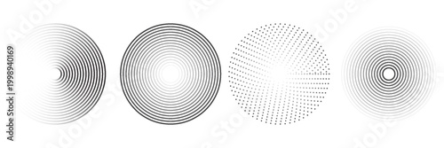 Black concentric circle set. Sonar or sound wave ring collection. Dotted and linear epicentre, target, radar icon concept. Ripple radial signal or vibration elements. Vector line and halftone symbols