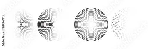 Black concentric circle set. Sonar or sound wave ring collection. Dotted and linear epicentre, target, radar icon concept. Ripple radial signal or vibration elements. Vector line and halftone symbols