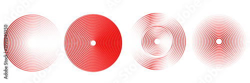 Red concentric ripple circles set. Sonar or sound wave rings collection. Epicentre, target, radar icon concept. Radial signal or vibration elements. Halftone vector illustration